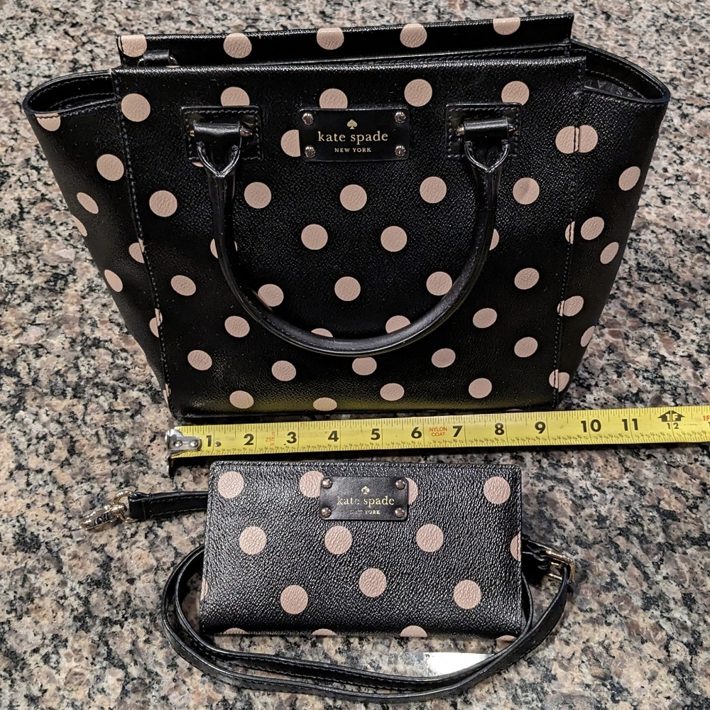 Kate Spade Set Black Cream Polka Dot Handbag Purse Wallet